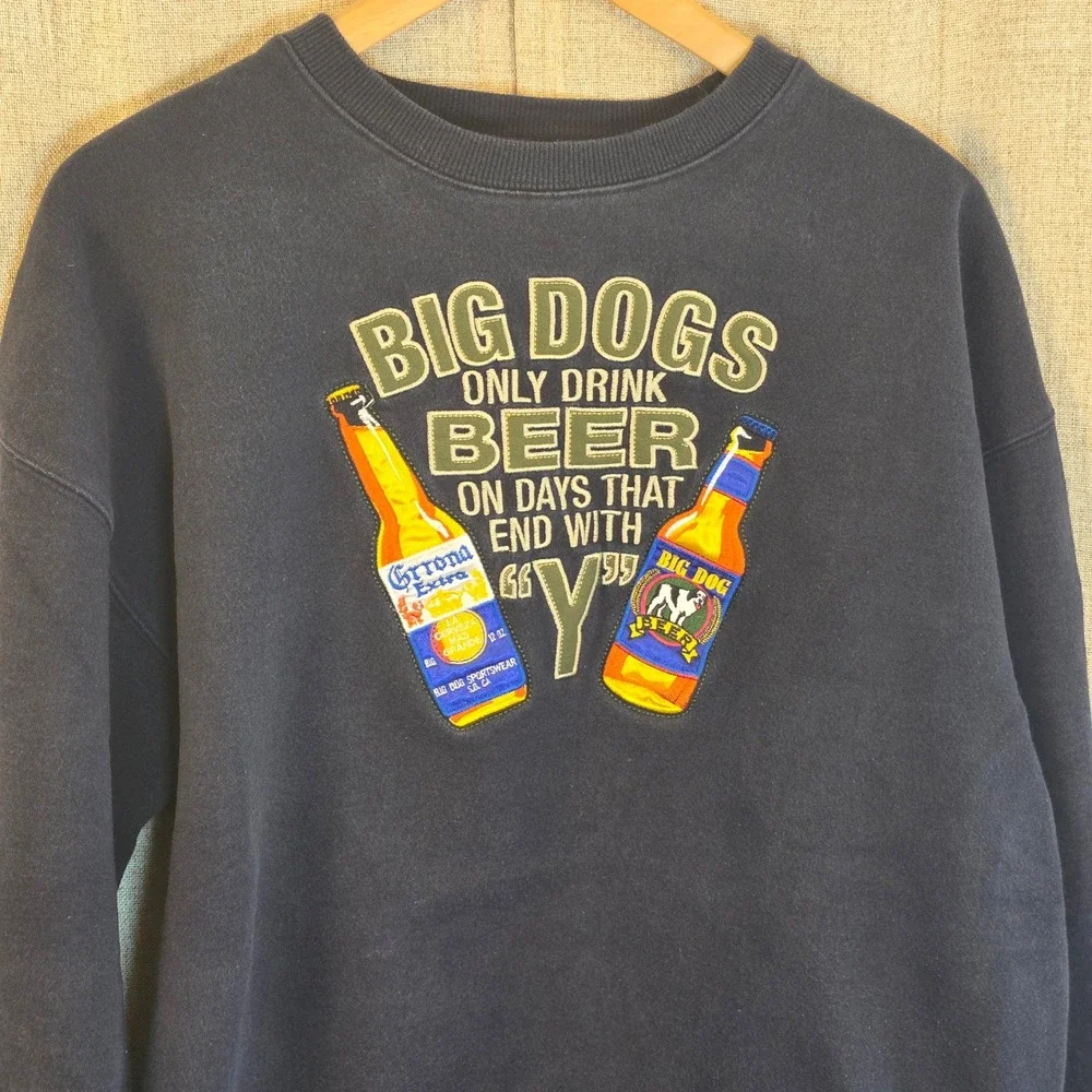 VTG Big Dogs Navy Blue Graphic Beer Sweatshirt Mens M Days End In Y Pullover Y2K